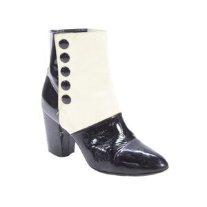 Chanel Womens Patent Leather Button Up Ankle Boots Black White Size 37.5 7.5
